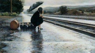 Woman umbrella wine basket rainy - realistic painting free wallpaper