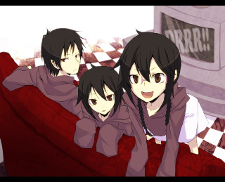 Anime characters couch checkered floor - madhouse free wallpaper