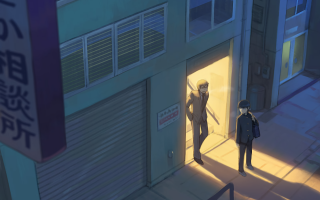 Man doorway woman suit hat - a knife free wallpaper