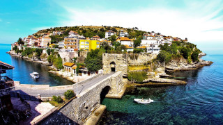 Small island bridge boat water - a hill side free wallpaper