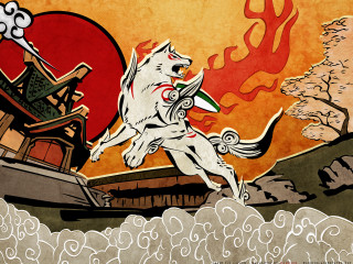 Dog jumping building fire red - ukiyoe free wallpaper
