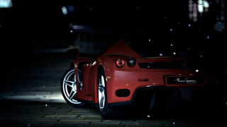 Red sports car night snow 5 - photorealistic lighting free wallpaper