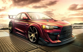 Red car sunset ocean wooden - sunset free wallpaper