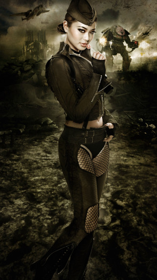 Woman black outfit helmet field - dieselpunk free wallpaper