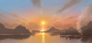 Lake sunset clouds forest painting - a forest in the foreground free wallpaper