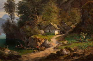 Village river boat man painting - the water and a man free wallpaper
