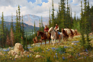 People horses woods dog deer - alson s. clark free wallpaper