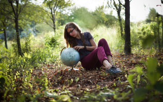 Woman sitting woods ball hand - her free wallpaper