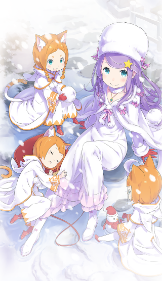 Anime girls snow cat creature - the snow together free wallpaper