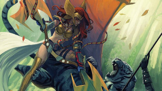 Woman sword demon forest orange - artgerm free wallpaper