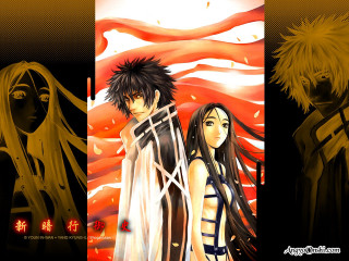 Anime characters red background standing - two anime character free wallpaper