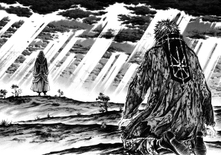 Man rock waterfall standing cloudy - a manga drawing free wallpaper for desktop