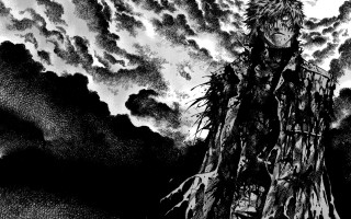 Man standing tree stump cloudy - sōsaku hanga free wallpaper