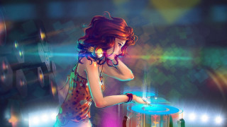 Red haired woman dress playing - digital free wallpaper for desktop