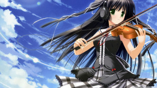 Girl dress violin sky clouds - a blue sky behind her free wallpaper