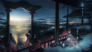 Woman balcony city night view - the city free wallpaper