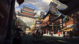 Chinese city people walking horse - the street in front free wallpaper