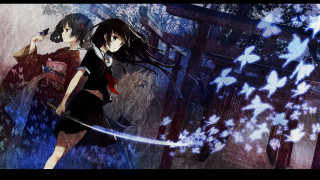Anime girls rain storm sword - overhead in the background free wallpaper