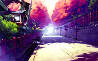 Street red fence trees painting - the side of it free wallpaper