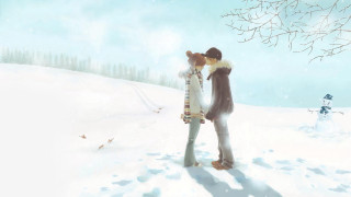 Couple kissing snow snowman tree 4 - anime art free wallpaper