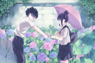 Couple flowers umbrella holding hands - a wall behind them free wallpaper