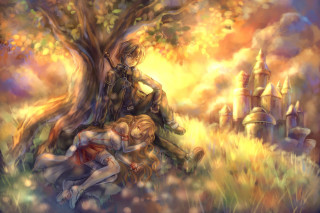 Couple hugging tree field castle 2 - under free wallpaper for desktop