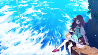 Girl sitting on ledge looking - in the ocean free wallpaper