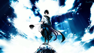 Man standing rock ocean sword - his hand and a sky background free wallpaper