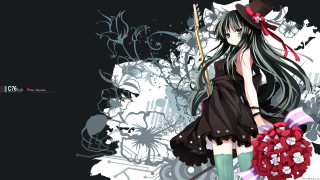 Girl hat cane bouquet flowers - gothic free wallpaper