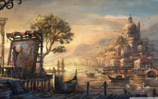 City water painting boat bridge 2 - the water and a bridge in the background free wallpaper