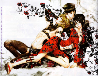 Women red dresses man black - two woman free wallpaper