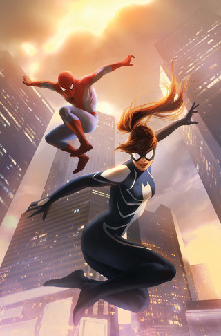 Woman spider man cityscape flying - panfuturism free wallpaper