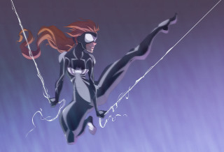 Woman black cat suit flying 2 - action painting free wallpaper