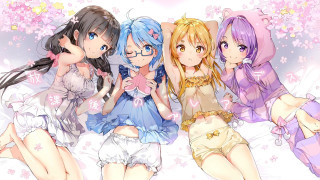 Anime girls bed pink flowers - top of a bed together free wallpaper