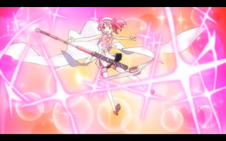 Pink girl sword stars bubbles - dynamic pose free wallpaper