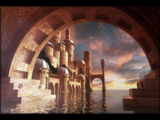 Castle water sunset painting beautiful - a painting of a castle free wallpaper