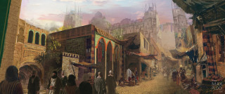 City street clocktower people bridge - a painting of a city street free wallpaper