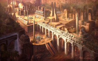 City bridge waterfall buildings painting - a painting of a city free wallpaper