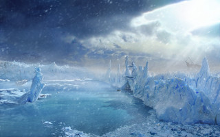 Frozen ocean ship icebergs cloudy - a painting of a ship free wallpaper