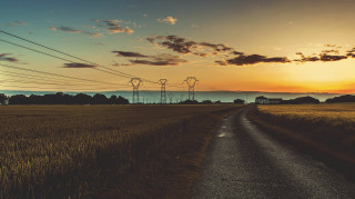 Road field powerlines sunset horizon - power free wallpaper