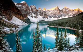 Lake snow covered mountains evergreen - bob ross free wallpaper