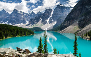 Lake mountains trees sky clouds 6 - a blue lake free wallpaper