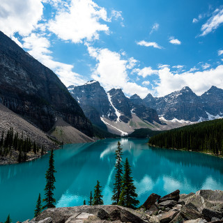 Lake mountains trees blue sky 29 - a few cloud free wallpaper