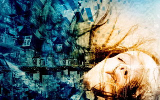 Woman head hands collage buildings - biopunk free wallpaper