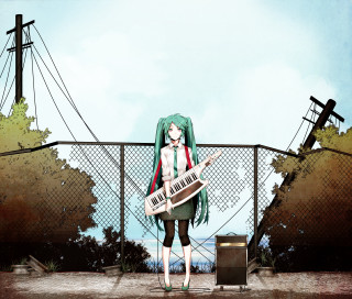 Woman guitar fence suitcase standing - her hand and a suitcase free wallpaper