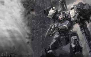 Robot standing air gun building - mecha free wallpaper