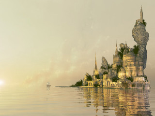 Castle water boat ocean sky - a large castle free wallpaper