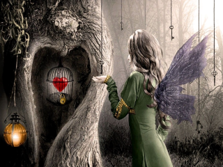 Girl green dress birdcage tree - a green dress holding free wallpaper