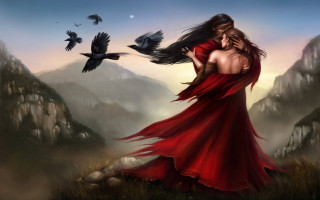 Woman red dress bird flying - dark fantasy art free wallpaper