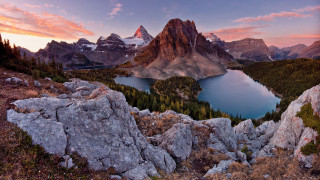 Mountain range lake rocks trees 5 - romanesque free wallpaper